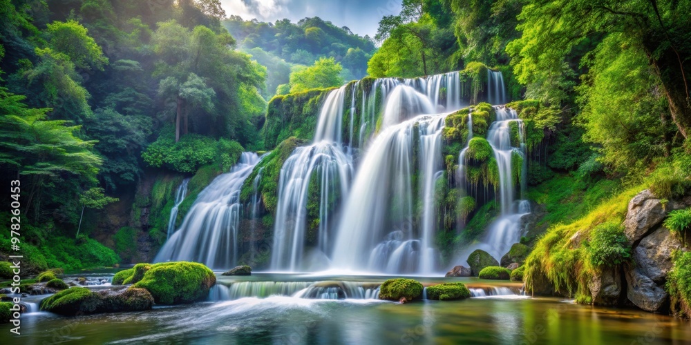 Fototapeta premium Beautiful cascading waterfall in the mountain surrounded by lush greenery, waterfall, mountain, nature, cascade, stream