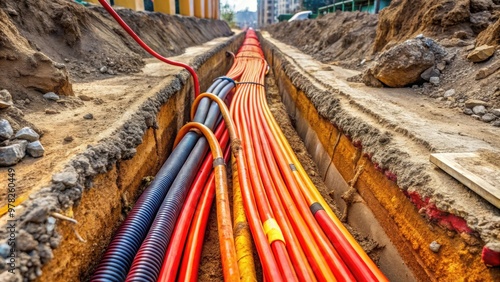 High voltage electrical cable being laid in a trench , electricity, power, energy, construction, infrastructure