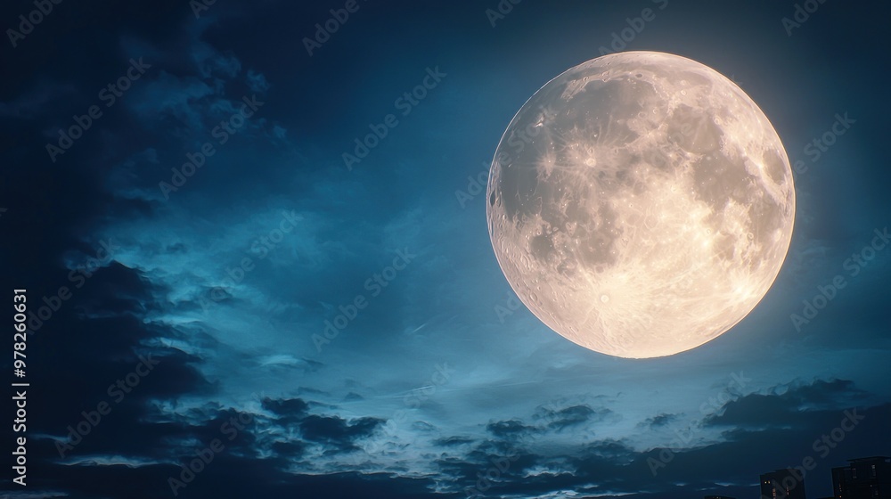 Full moon against a dark sky with clouds, mystic night scene, hyper-realistic 3D render, isolated on white background Full moon against a dark sky with clouds, mystic night scene, hyper-realistic 3D render, isolated on white background