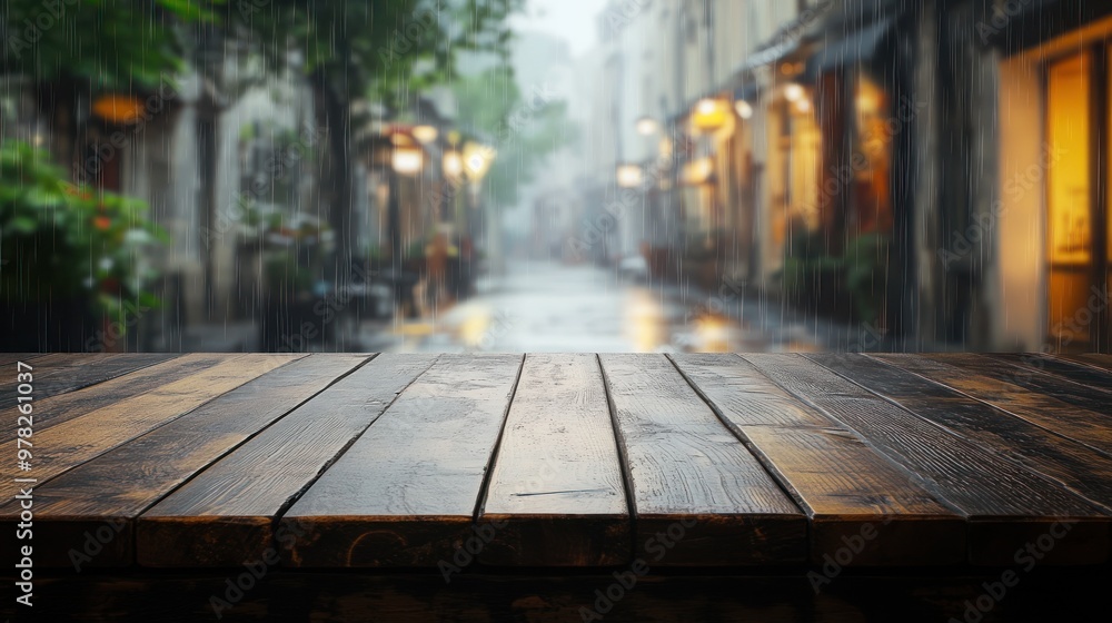 A rainy street scene viewed from a wooden table, evoking a cozy atmosphere. A rainy street scene viewed from a wooden table, evoking a cozy atmosphere.