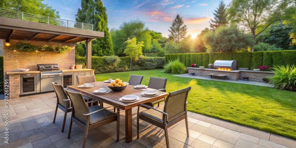 Fototapeta premium Beautiful backyard with a barbeque area and dining table, backyard, outdoor, patio, relaxation, barbecue, grilling, meal