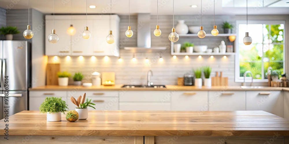 Bright and clean modern kitchen interior with blurred bokeh background and tabletop Bright and clean modern kitchen interior with blurred bokeh background and tabletop