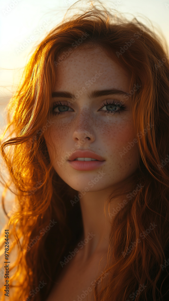 Close up of woman with freckles and auburn hair standing in warm sunlight showing soft natural beauty with glowing skin and delicate expression Close up of woman with freckles and auburn hair standing in warm sunlight showing soft natural beauty with glowing skin and delicate expression