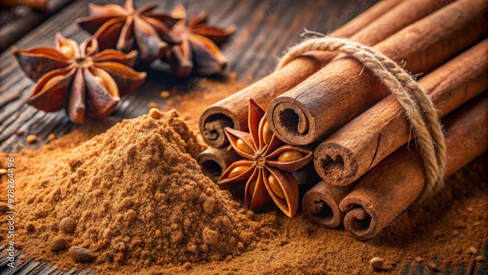 Aromatic cinnamon sticks and ground cinnamon with star anise accent on background, cinnamon, spice, aromatic, flavor Aromatic cinnamon sticks and ground cinnamon with star anise accent on background, cinnamon, spice, aromatic, flavor