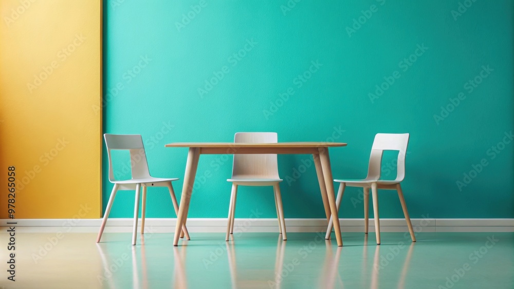 Obraz premium Minimalist table and chairs on split color background, Minimalist, table, chairs, split color, background, modern, furniture