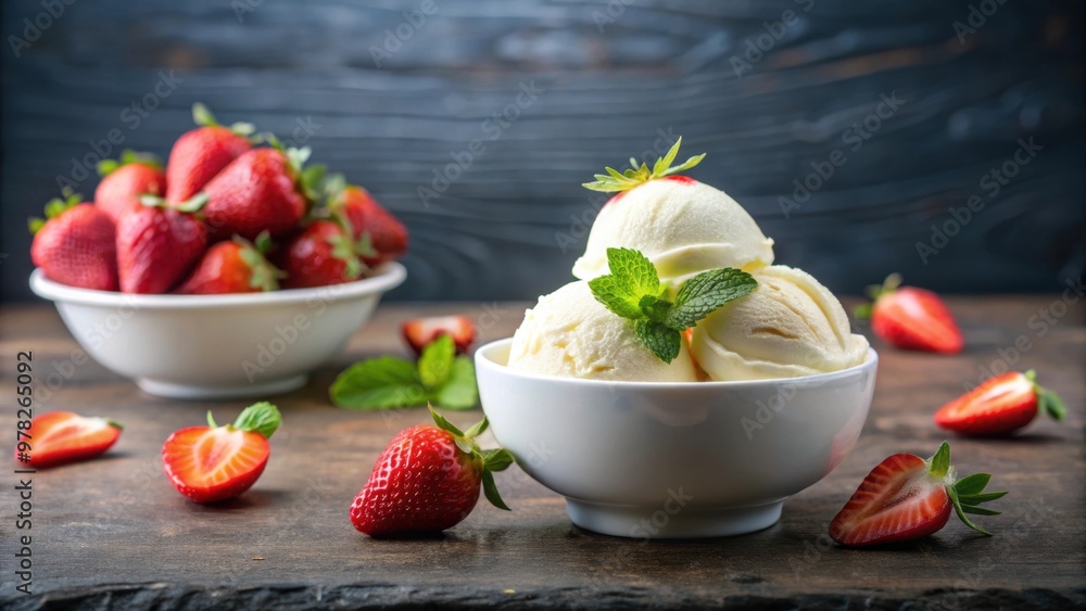 Vanilla ice cream topped with fresh strawberries, vanilla, ice cream, dessert, sweet, strawberries, fruit, delicious, refreshing Vanilla ice cream topped with fresh strawberries, vanilla, ice cream, dessert, sweet, strawberries, fruit, delicious, refreshing