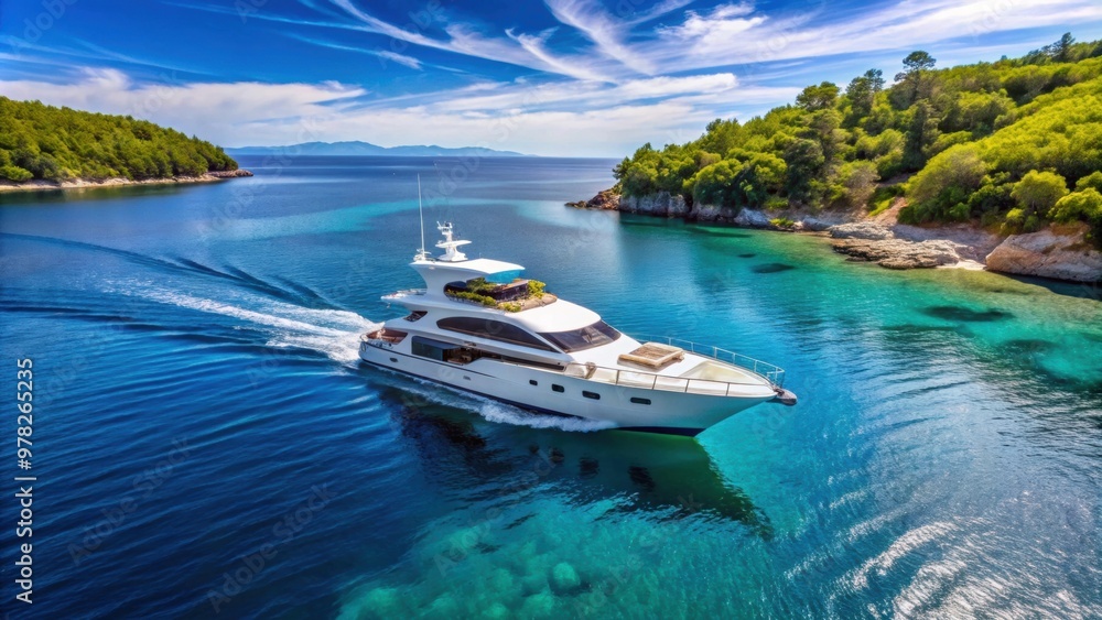 Fototapeta premium Luxury yacht sailing through clear blue waters on a sunny day in Croatia, luxury yacht, sailing, aerial view, sea