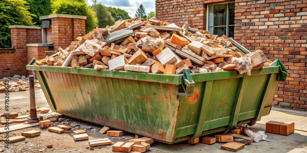 An overflowing dumpster filled with bricks and construction waste from a house renovation , renovation, construction An overflowing dumpster filled with bricks and construction waste from a house renovation , renovation, construction