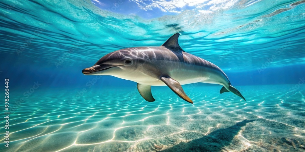 Naklejka premium Playful dolphin swimming in crystal clear waters, marine life, ocean mammal, underwater, playful, majestic
