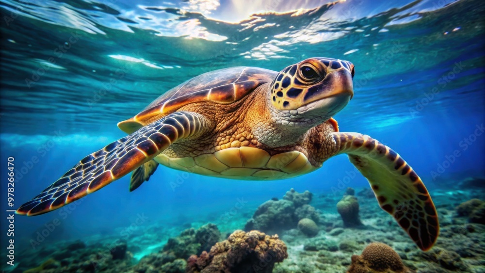 Fototapeta premium Close up of a hawksbill turtle swimming in the ocean, Hawksbill turtle, Eretmochelys imbricata