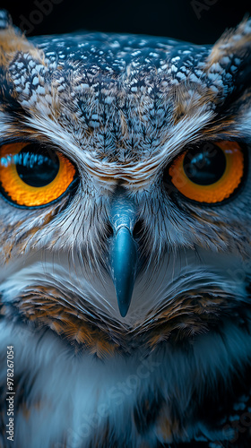 Close up of owl intense orange eyes and intricate feathers captivating portrait of nocturnal predator with sharp gaze and detailed plumage photo