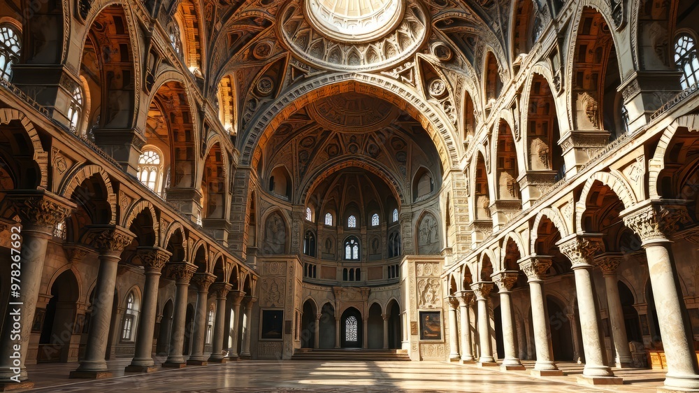 Obraz premium Ancient Islamic architecture blends with Gothic-inspired arches and ornate stone carvings in a majestic, honey-hued
