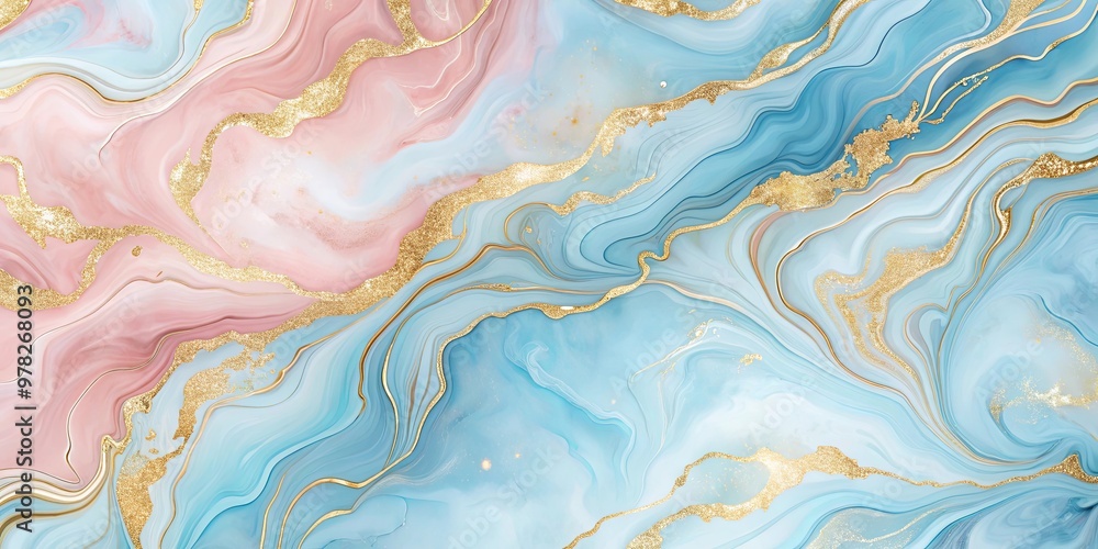 Obraz premium Abstract background in soft pastel pink and blue with golden lines, featuring a liquid fluid marbled paper texture
