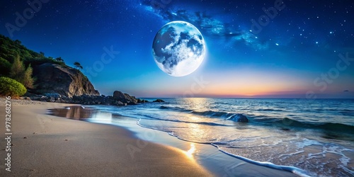 Serene beach at night with crescent moon, full moon, and rocks on the shore