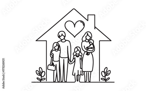continuous one line drawing of House family parents and children safe in rounded home, Family linear icon illustration vector