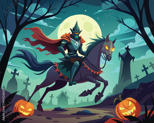 Vector Illustration of a Headless Horseman Riding a Dark Horse Through a Foggy Night - Eerie and Mysterious Scene Perfect for Halloween and Dark Fantasy Themes