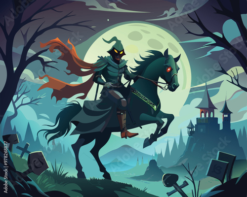 Vector Illustration of a Headless Horseman Riding a Dark Horse Through a Foggy Night - Eerie and Mysterious Scene Perfect for Halloween and Dark Fantasy Themes