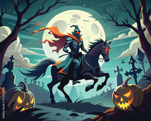 Vector Illustration of a Headless Horseman Riding a Dark Horse Through a Foggy Night - Eerie and Mysterious Scene Perfect for Halloween and Dark Fantasy Themes