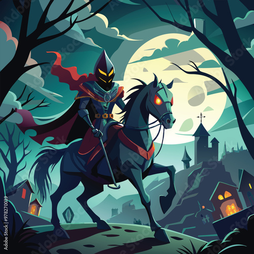 Vector Illustration of a Headless Horseman Riding a Dark Horse Through a Foggy Night - Eerie and Mysterious Scene Perfect for Halloween and Dark Fantasy Themes