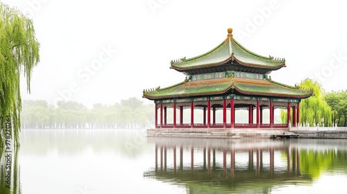 Traditional Chinese Pagoda Reflecting in a Tranquil Lake