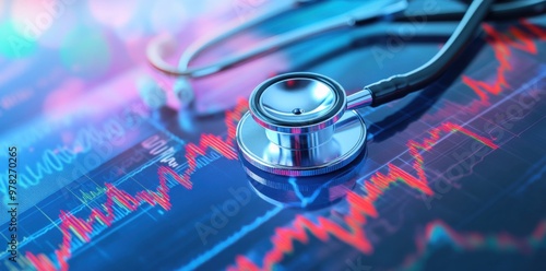 Stethoscope and medical chart on a digital background, symbolizing the link between health and financial wellness