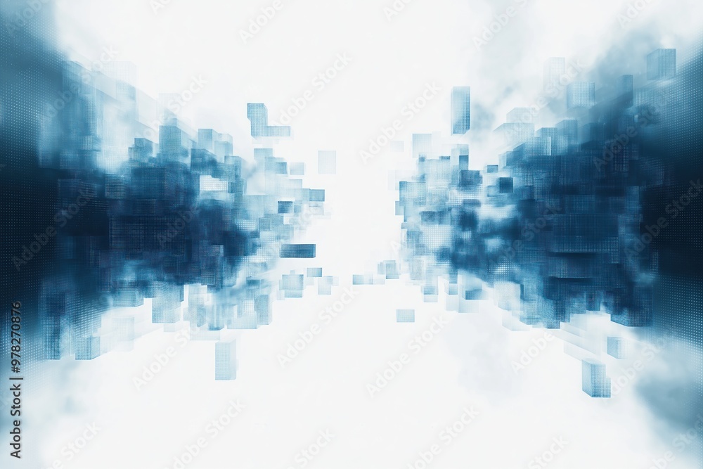 Obraz premium Conceptual futuristic sky with digital glitch effects on a blank white canvas, high-tech sky, abstract digital art