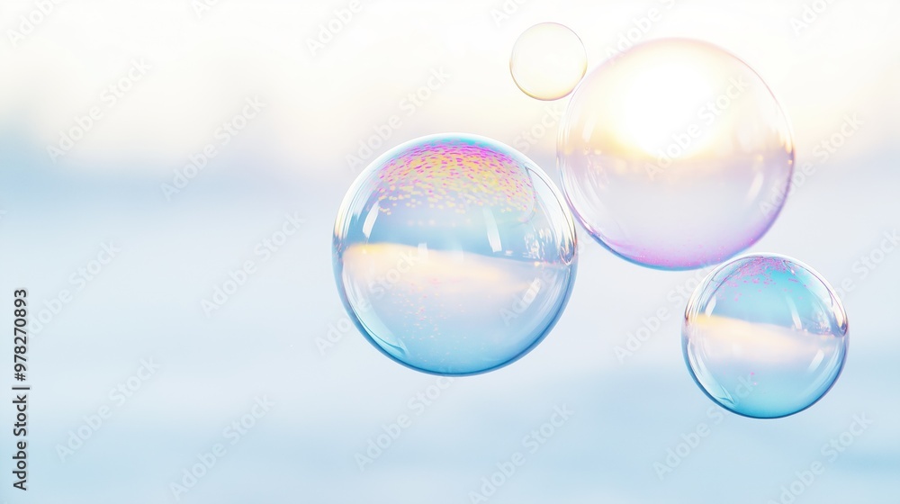 Transparent soap bubbles reflecting the sky and floating on a white background, playful sky concept, whimsical and light Transparent soap bubbles reflecting the sky and floating on a white background, playful sky concept, whimsical and light