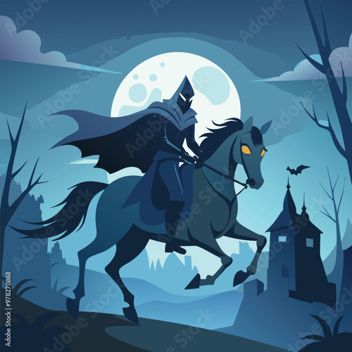 Vector Illustration of a Headless Horseman Riding a Dark Horse Through a Foggy Night - Eerie and Mysterious Scene Perfect for Halloween and Dark Fantasy Themes