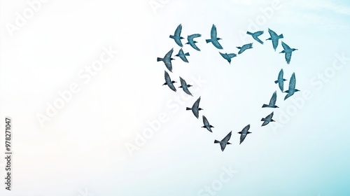 Flying birds forming a heart shape in the sky, white background, minimalist line art, soft blue tones, freedom concept.