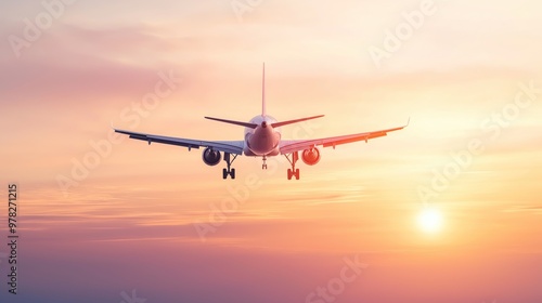 An airplane flying into the sunset sky, white background, realistic, soft orange and pink hues, high-detail.