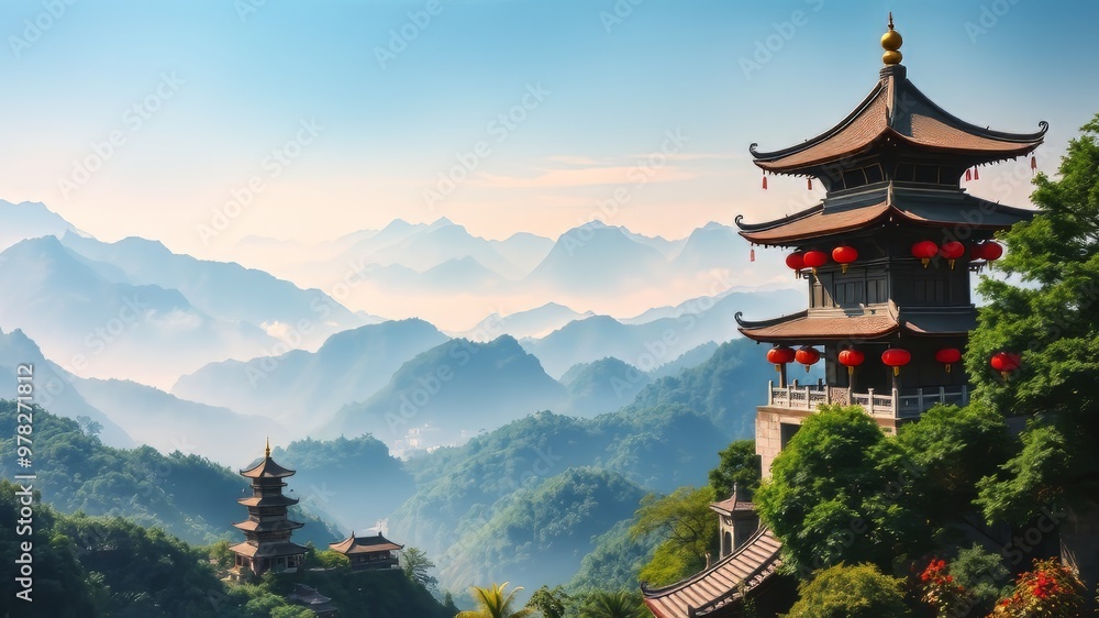 A serene landscape of emerald green mountains and valleys, dotted with ancient temples and pagodas, shrouded in misty A serene landscape of emerald green mountains and valleys, dotted with ancient temples and pagodas, shrouded in misty