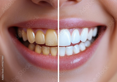 Woman's Teeth with Yellowish Areas Before and After Whitening Treatment on White Background – High-Resolution Photography