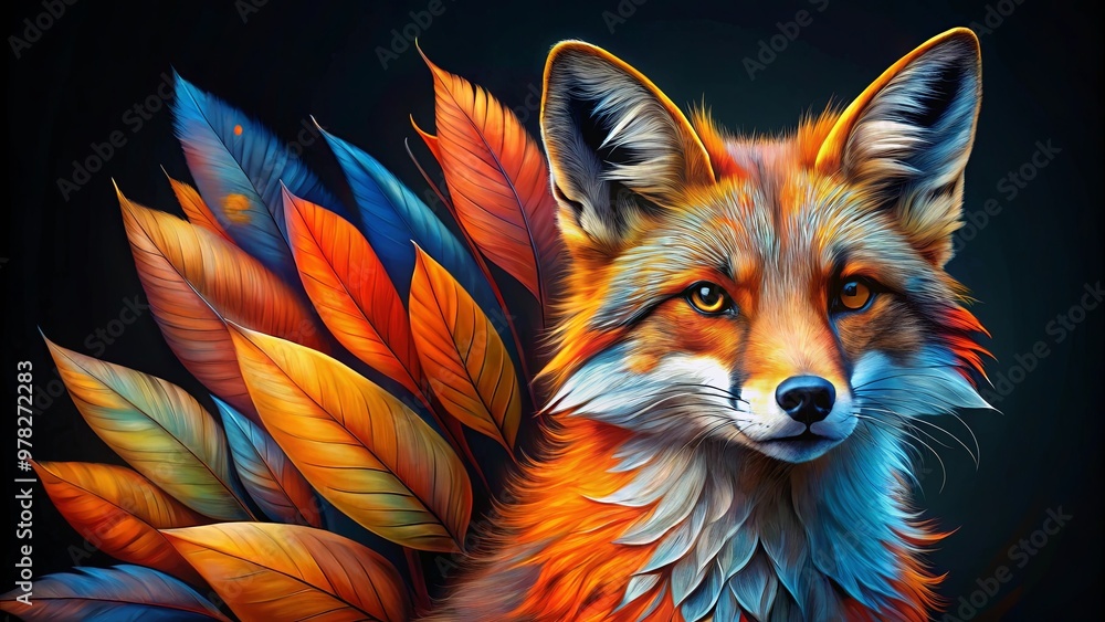 Obraz premium Vibrant painting of a fox with orange and blue feathers, black background with red and orange leaf pattern