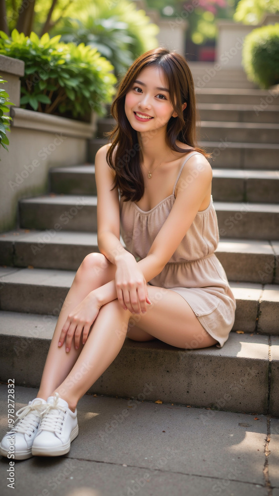 階段に座る女性が、ベージュの夏らしい軽やかな服装と白いスニーカーでリラックスした表情を浮かべている。背景の緑豊かな庭園と日差しが差し込む自然光が、温かみのある雰囲気を演出しており、カジュアルで清潔感あふれる雰囲気が伝わる一枚。 階段に座る女性が、ベージュの夏らしい軽やかな服装と白いスニーカーでリラックスした表情を浮かべている。背景の緑豊かな庭園と日差しが差し込む自然光が、温かみのある雰囲気を演出しており、カジュアルで清潔感あふれる雰囲気が伝わる一枚。