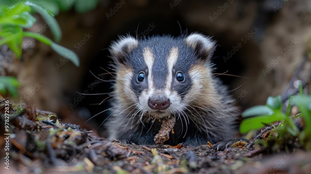 Curious Badger Cub Emerging from Burrow Curious Badger Cub Emerging from Burrow