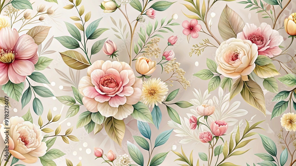 Stylish wallpaper featuring delicate flowers and leaves, ideal for modern lofts Stylish wallpaper featuring delicate flowers and leaves, ideal for modern lofts