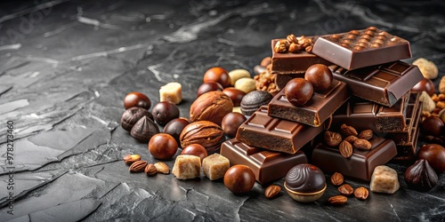 A luxurious pile of chocolates with nuts and chocolate chips on marble surface, surrounded by more scattered pieces, against a black background