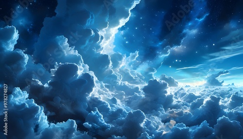 Celestial cloudscape featuring vibrant blue nebula-like clouds, evoking a sense of wonder in a digital sky scene filled with stars