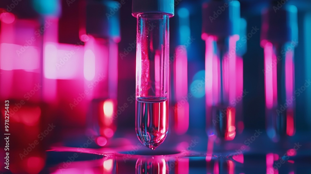 Close-up of a test tube with pink and blue lighting in a lab Close-up of a test tube with pink and blue lighting in a lab