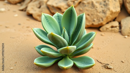 A small, succulent plant with thick, fleshy stems and oval-shaped leaves in shades of green, growing in a photo