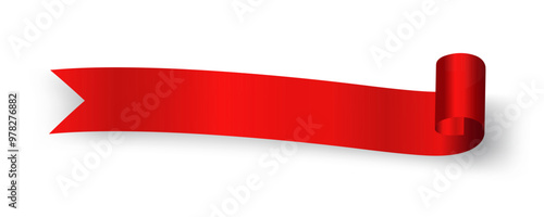 Red Ribbon Banner Realistic shiny satin with shadow, horizontal red ribbon Curl for decorate your wedding invitation card ,greeting card or gift boxes vector EPS10 isolated on white background.