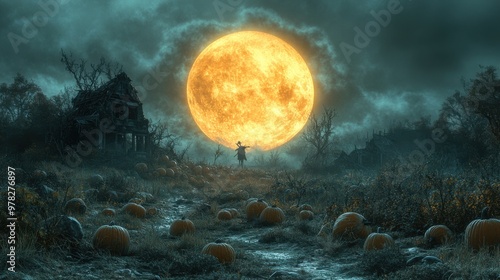 Eerie Harvest Moon Over Haunted Pumpkin Patch with Scarecrow - Spooky Halloween Night Scene in Cold Tones