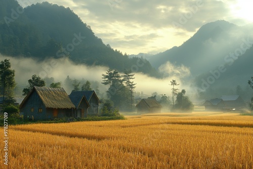 Serene Foggy Morning Harvest in Idyllic Rural Village with Golden Fields