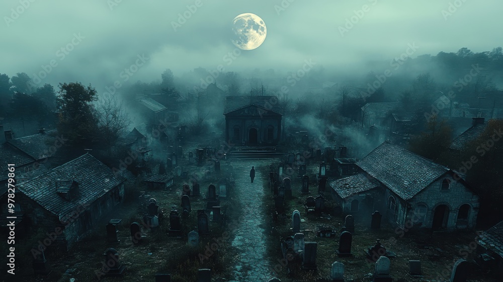 Midnight Mist in Graveyard - Eerie Aerial View of Foggy Cemetery with Shadowy Figure and Moonlit Tombstones