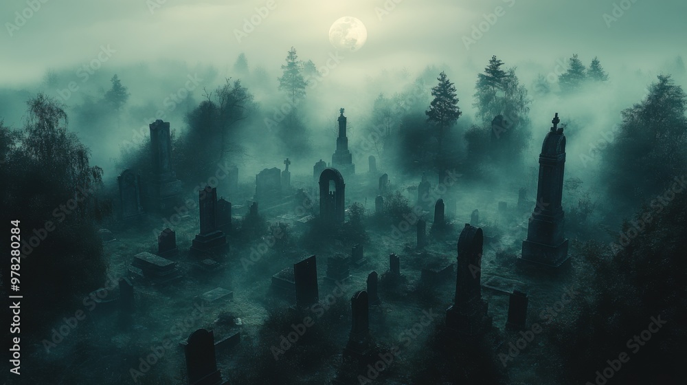 Obraz premium Midnight Fog Over Creepy Graveyard - Aerial View of Shadowy Figure Among Old Tombstones with Desaturated Colors and Eerie Moonlit Shadows