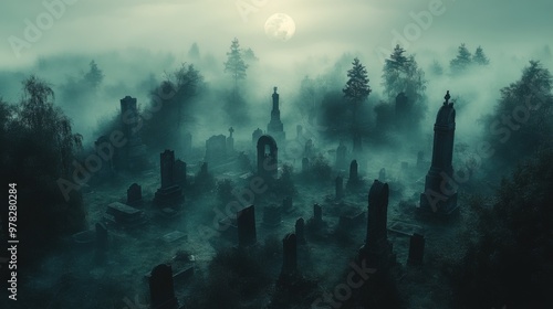 Midnight Fog Over Creepy Graveyard - Aerial View of Shadowy Figure Among Old Tombstones with Desaturated Colors and Eerie Moonlit Shadows