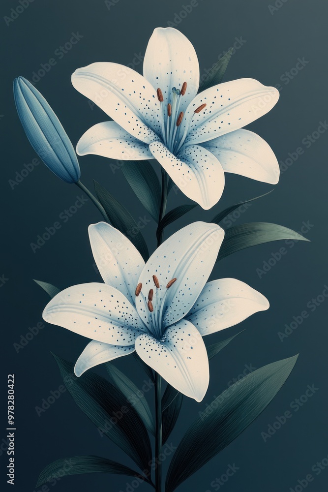 Fototapeta premium White Lily Flower Illustration on a Dark Blue Background