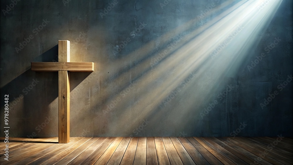 Naklejka premium Wooden cross on floor with beam of light from behind against wall