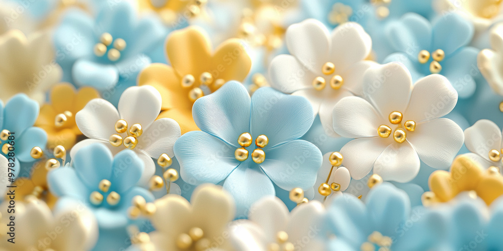 3D render of plasticine cute tiny flowers with gold pearls, generative AI 3D render of plasticine cute tiny flowers with gold pearls, generative AI
