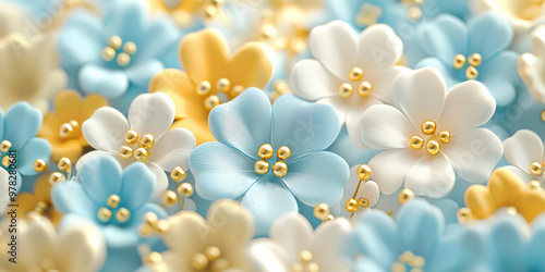 3D render of plasticine cute tiny flowers with gold pearls, generative AI